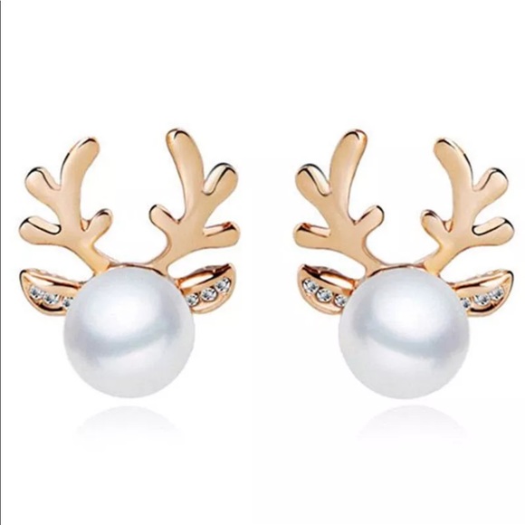 ✨”DASHER” GOLD REINDEER PEARL EARRINGS-NEW✨ - Picture 4 of 7